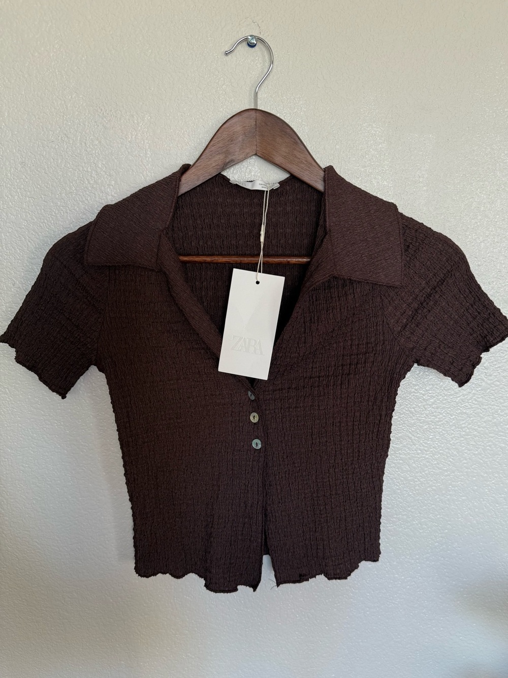 ZARA Dark Brown Ribbed Short-Sleeve Button Down Top
